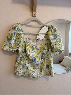Abercrombie & Fitch Linen Blend Floral Puff-Sleeve Square Neck Top